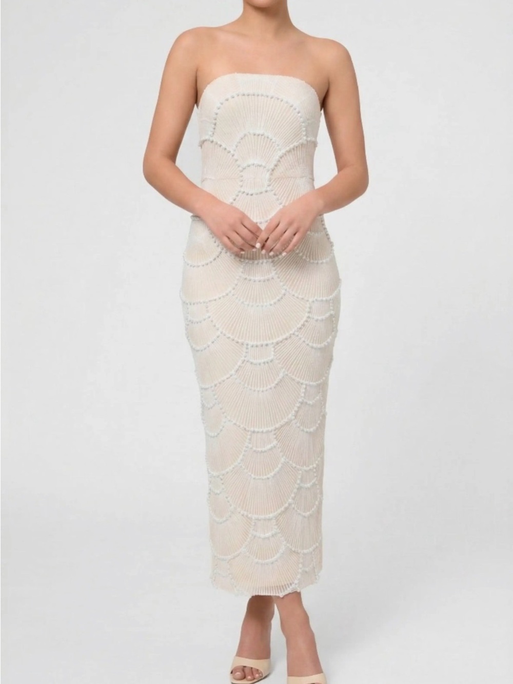 RACHEL Rachel Roy Strapless Cream Beaded Midi Dress